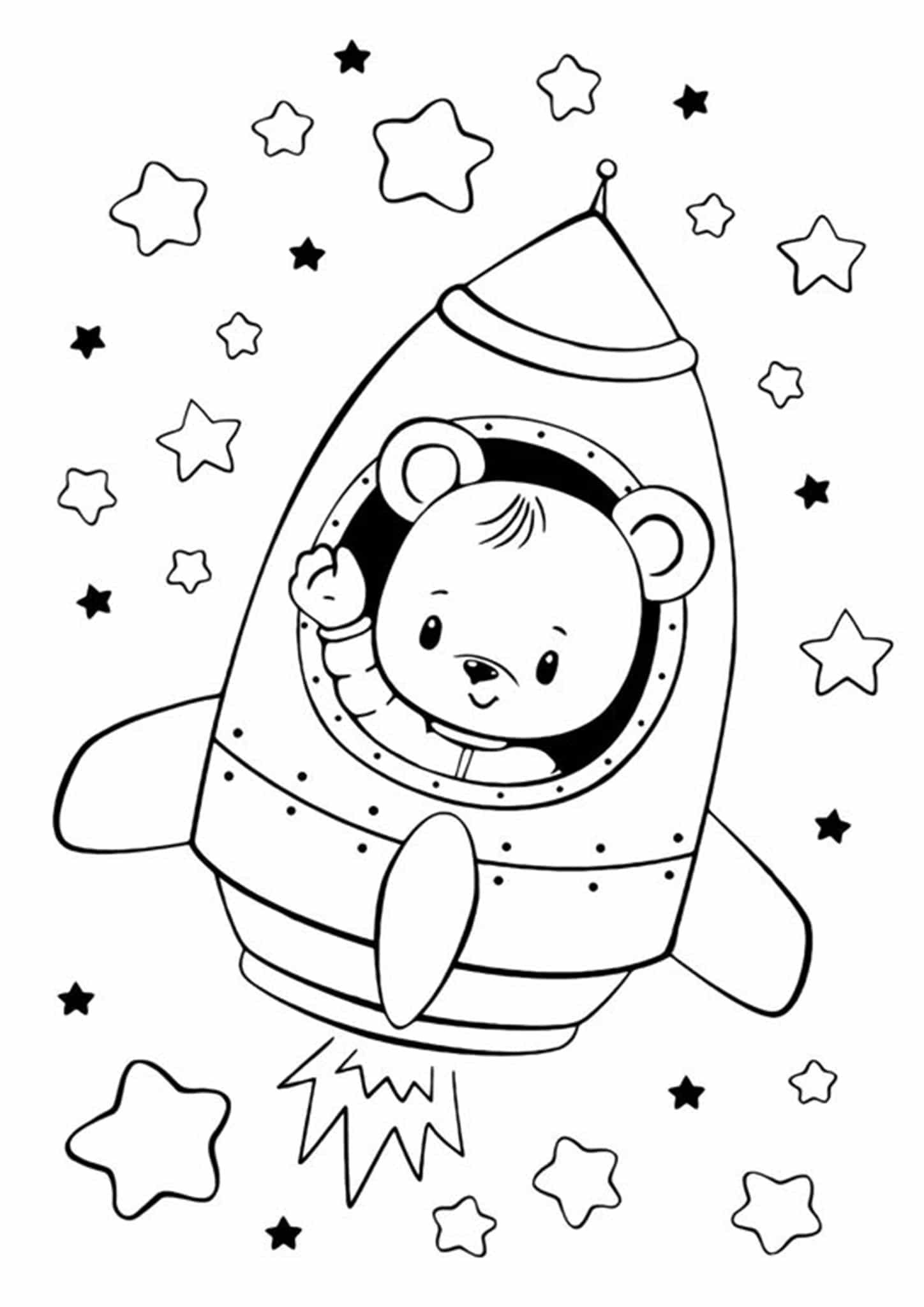 Dibujo de Kawaii Oso en Cohete para Colorear