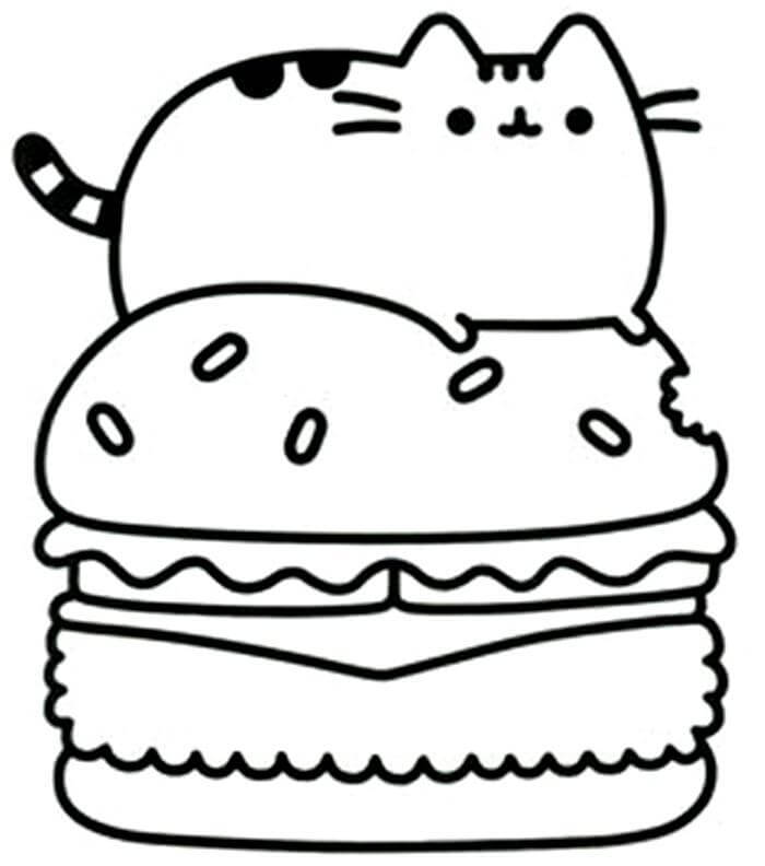 Dibujo de Kawaii Pusheen Gato en Hamburguesa para Colorear