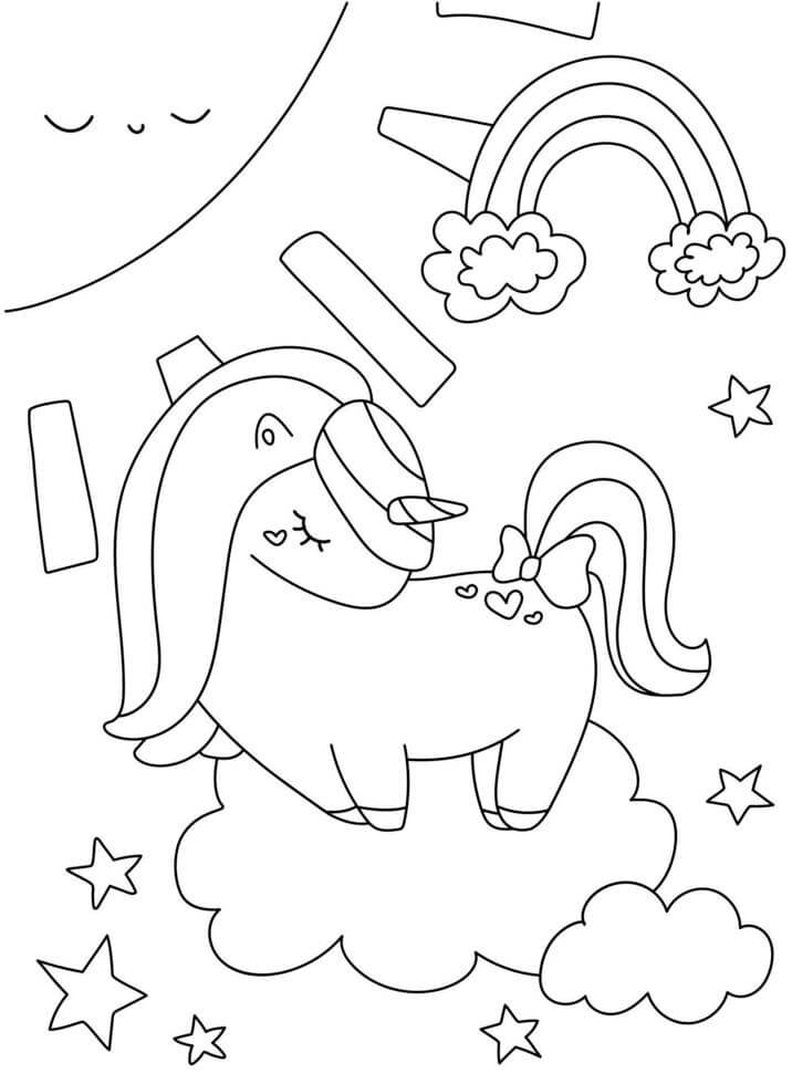 Dibujo de Kawaii Sombrilla de Arco Iris de la Estrella Unicornio en las Nubes para Colorear