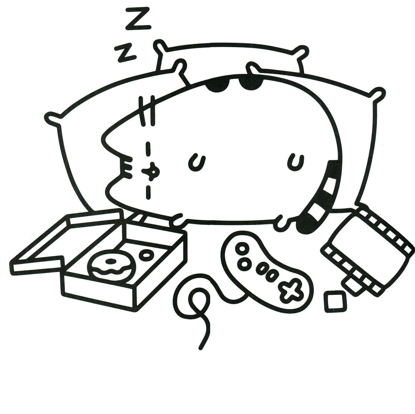 Dibujo de Kawaii Wusseen Gato Dormir para Colorear