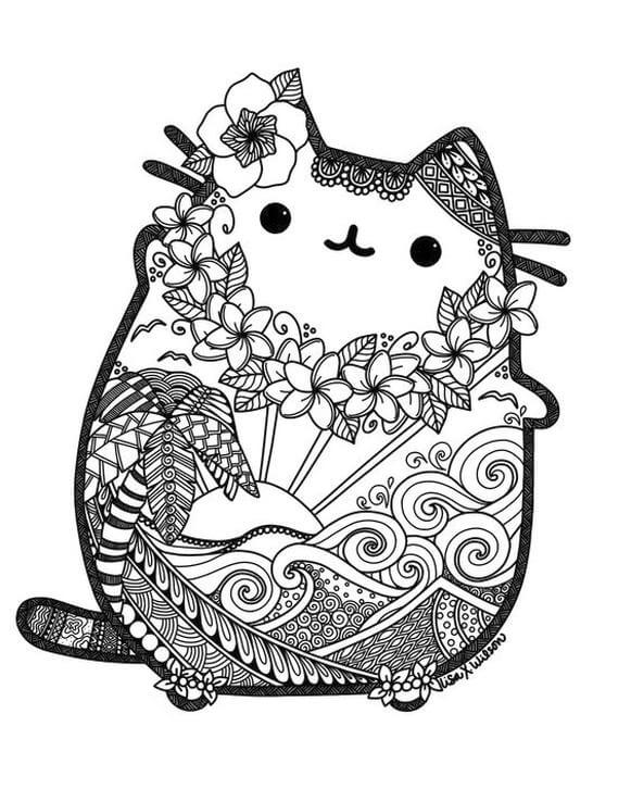 Dibujo de Mandala Gato Pusheen Kawaii para Colorear