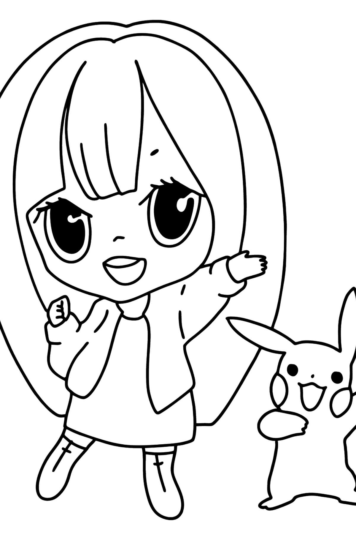 Dibujo de Niña Anime y Pikachu Kawaii para Colorear