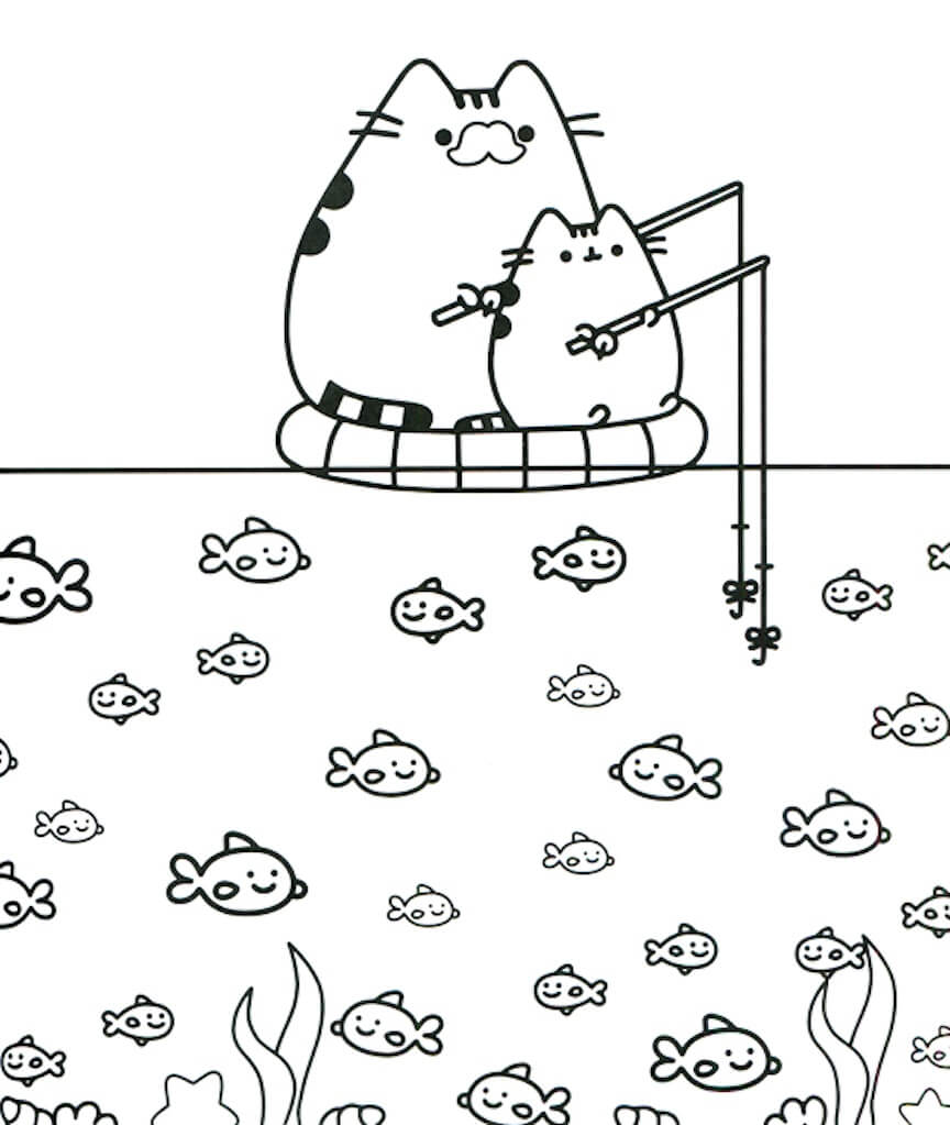 Dibujo de Padre e Hijo Pusleen Cat Go Pesca Kawaii para Colorear