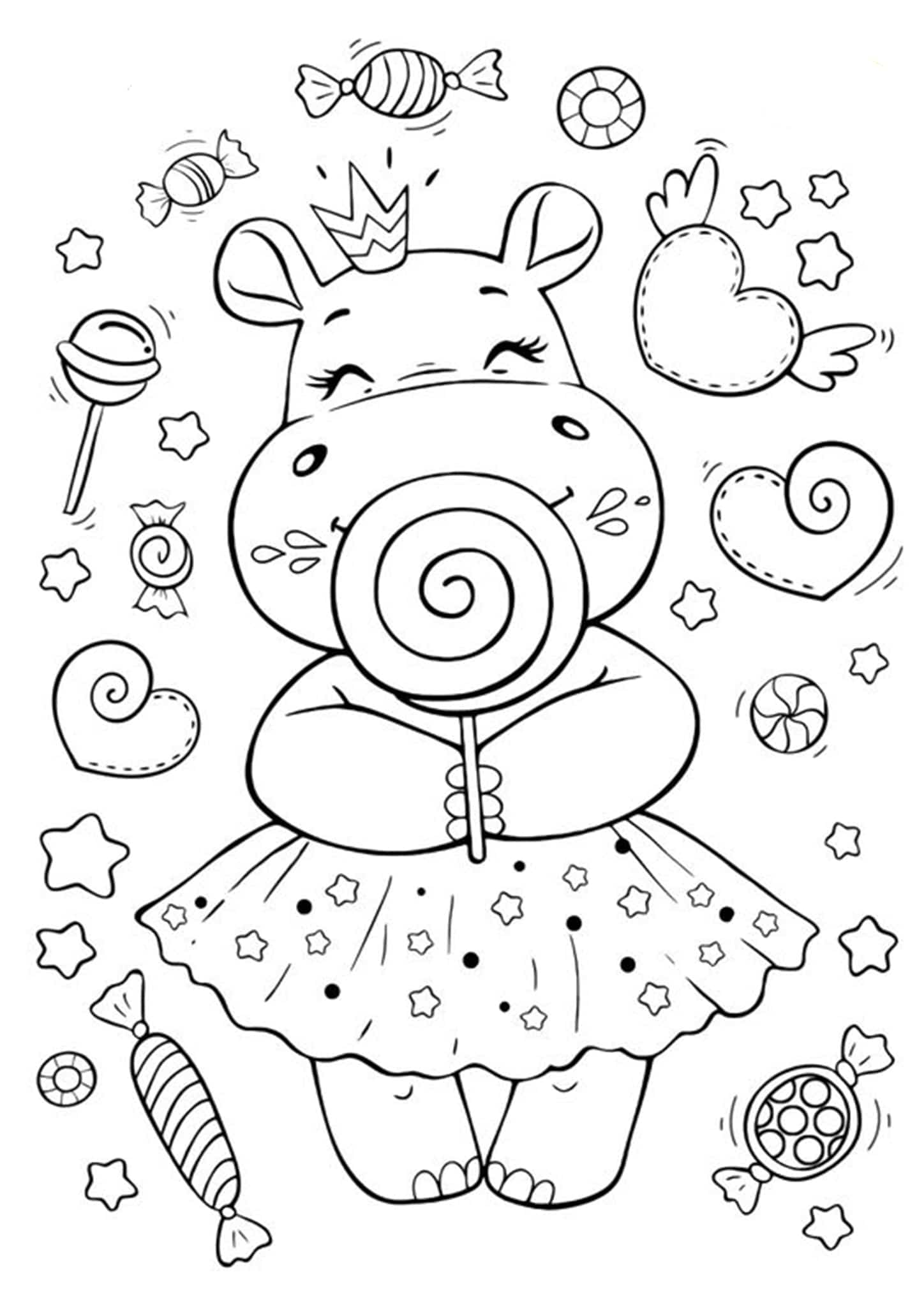 Dibujo de Princesa hipopótamo Kawaii para Colorear