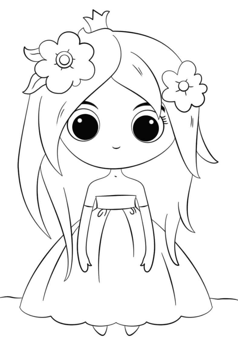 Dibujo de Princesa Sonriente Kawaii para Colorear