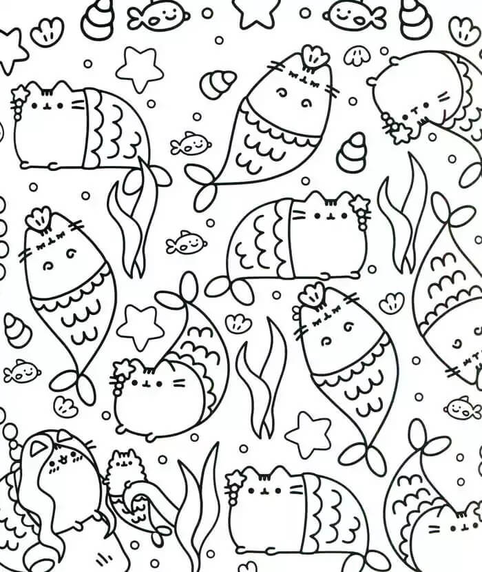 Dibujo de Sirena de Pusheen Kawaii para Colorear