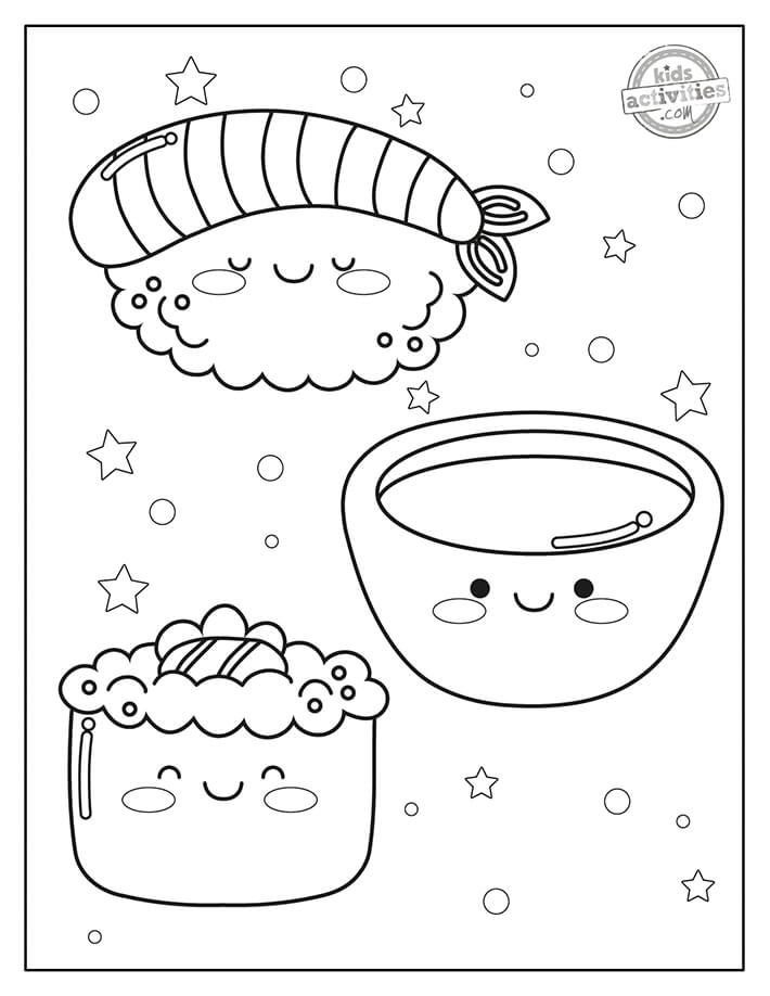 Dibujo de Tres Alimentos Kawaii para Colorear