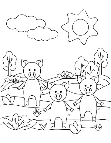 Dibujo de Tres Cerdos Kawaii para Colorear