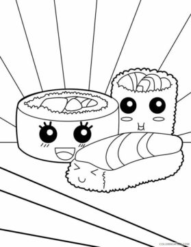 Dibujo de Tres Divertidas Sushi Kawaii para Colorear