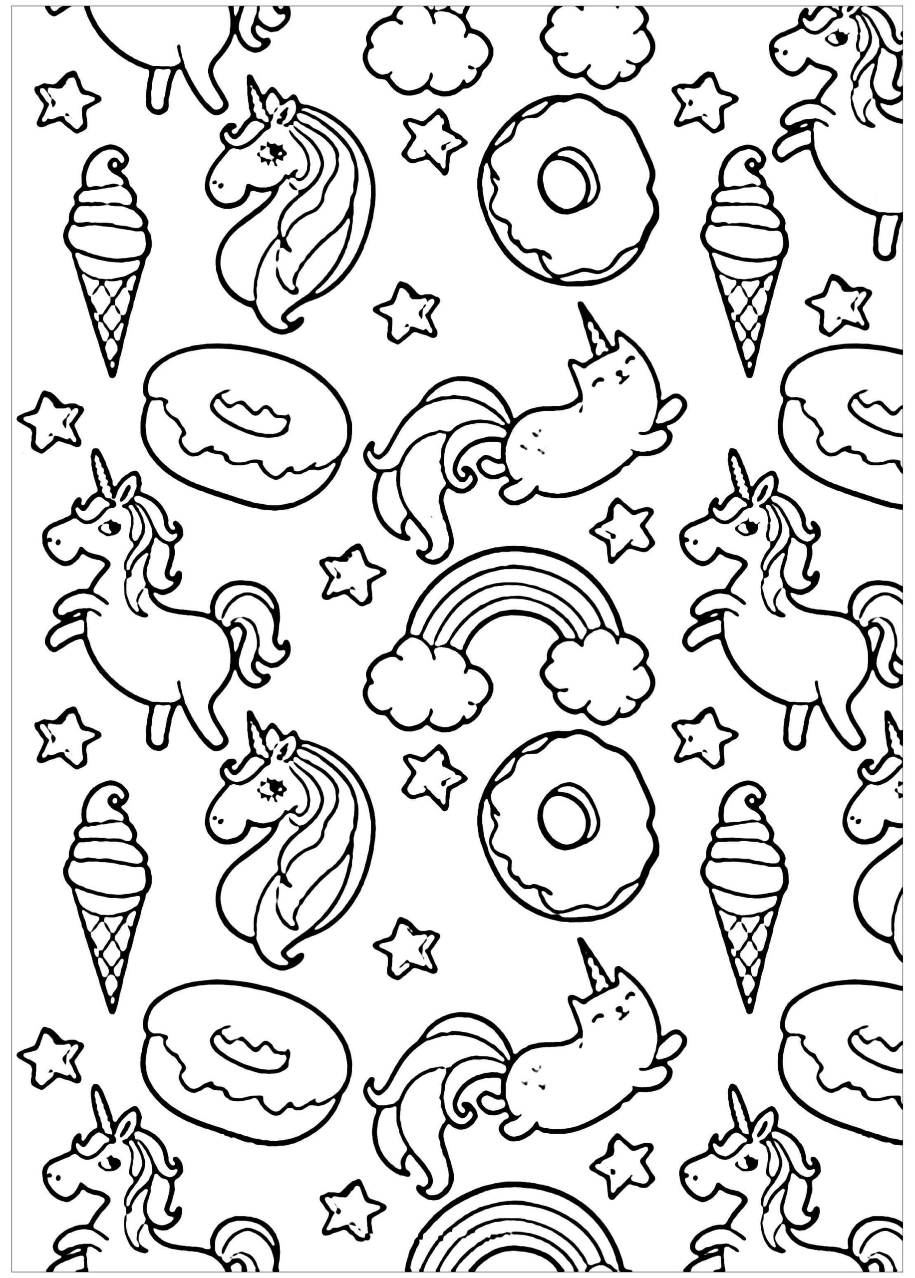 Dibujo de Unicornio y Donut Kawaii para Colorear