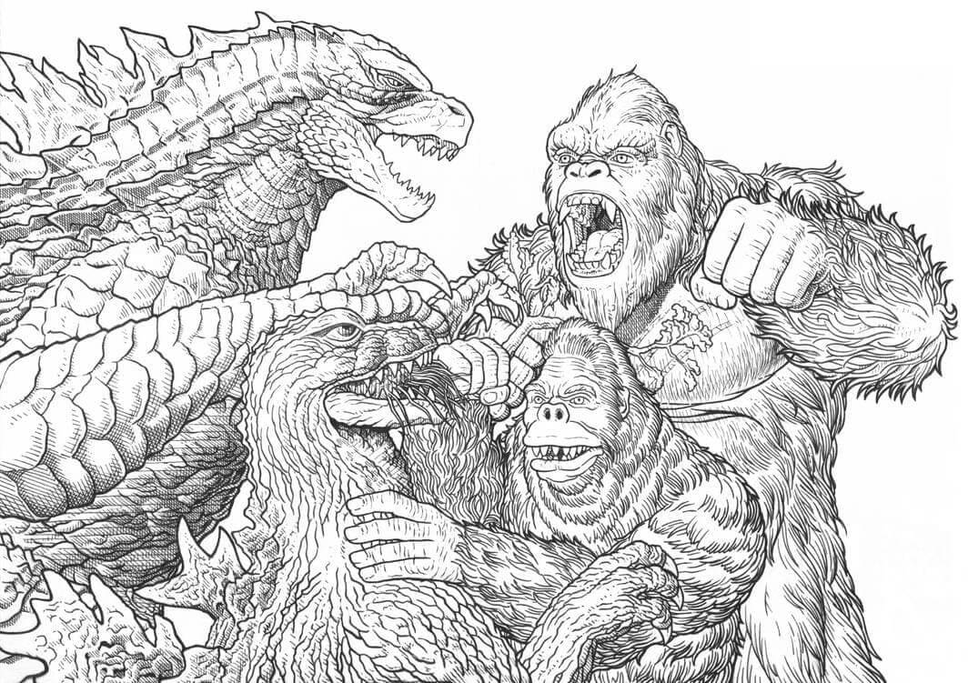 Dibujo de Dos King Kong Vs Dos Godzilla para Colorear