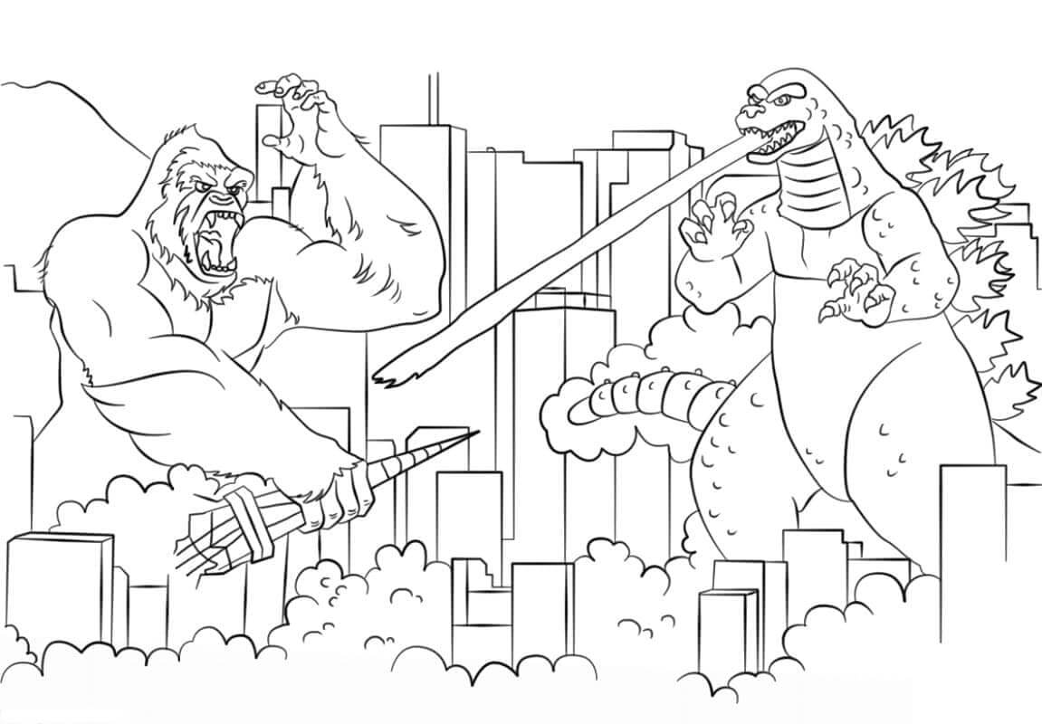 Dibujo de Godzilla Contra King Kong en la Ciudad para Colorear