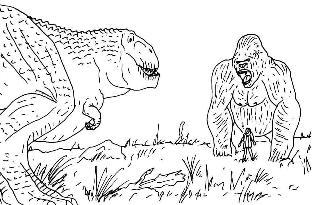 Dibujo de King Kong Vs un Tiranosaurio Rex para Colorear