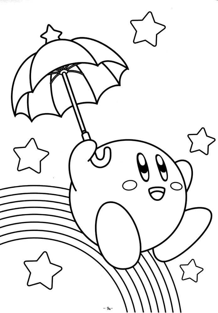 Dibujo de Divertido Kirby Sosteniendo Paraguas con Estrellas para Colorear
