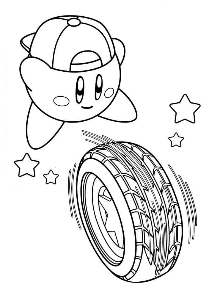 Dibujo de Kirby con la Rueda y la Estrella para Colorear