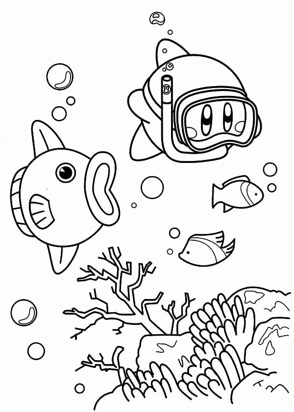 Dibujo de Kirby Se Sumerge en el Mar para Colorear