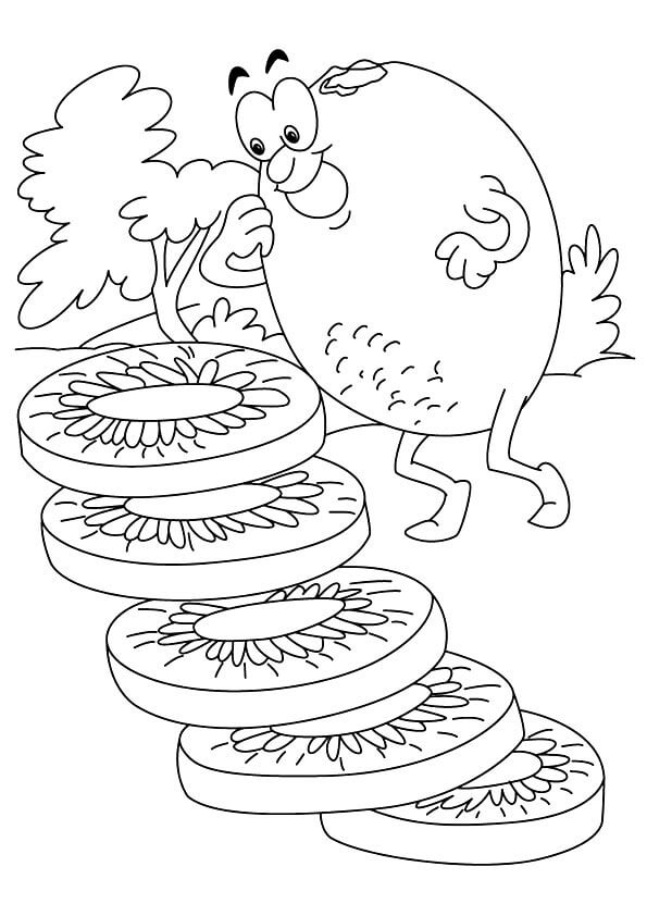 Dibujo de Kiwi Divertido y Rodajas de Kiwi para Colorear