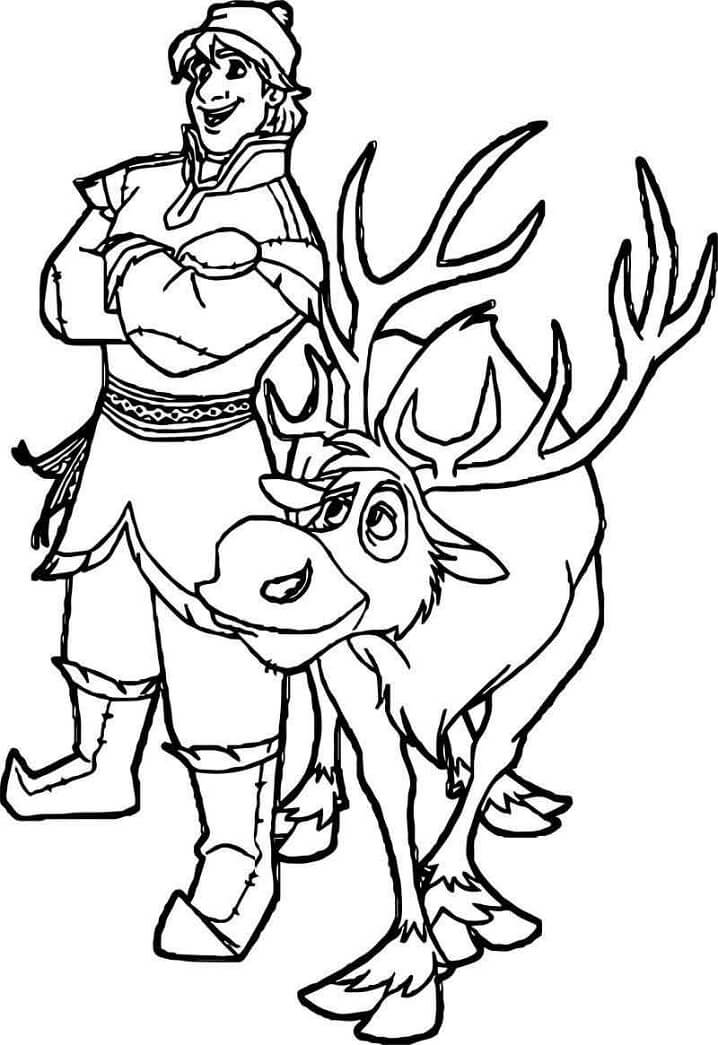 Dibujo de Feliz Kristoff con Sven para Colorear