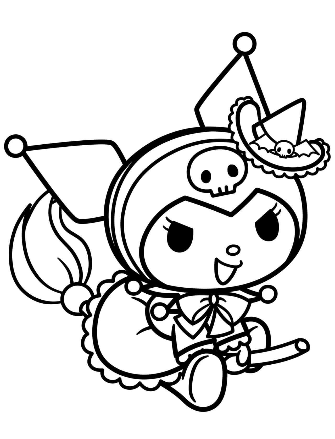 Dibujo de Kuromi Montando una Escoba para Colorear