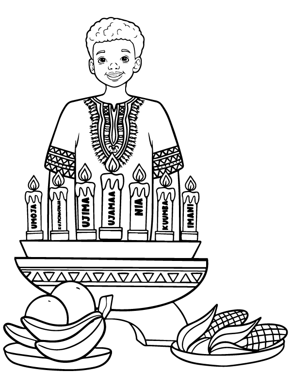 Dibujo de Página para Colorear de Kwanzaa con un niño Africano para Colorear