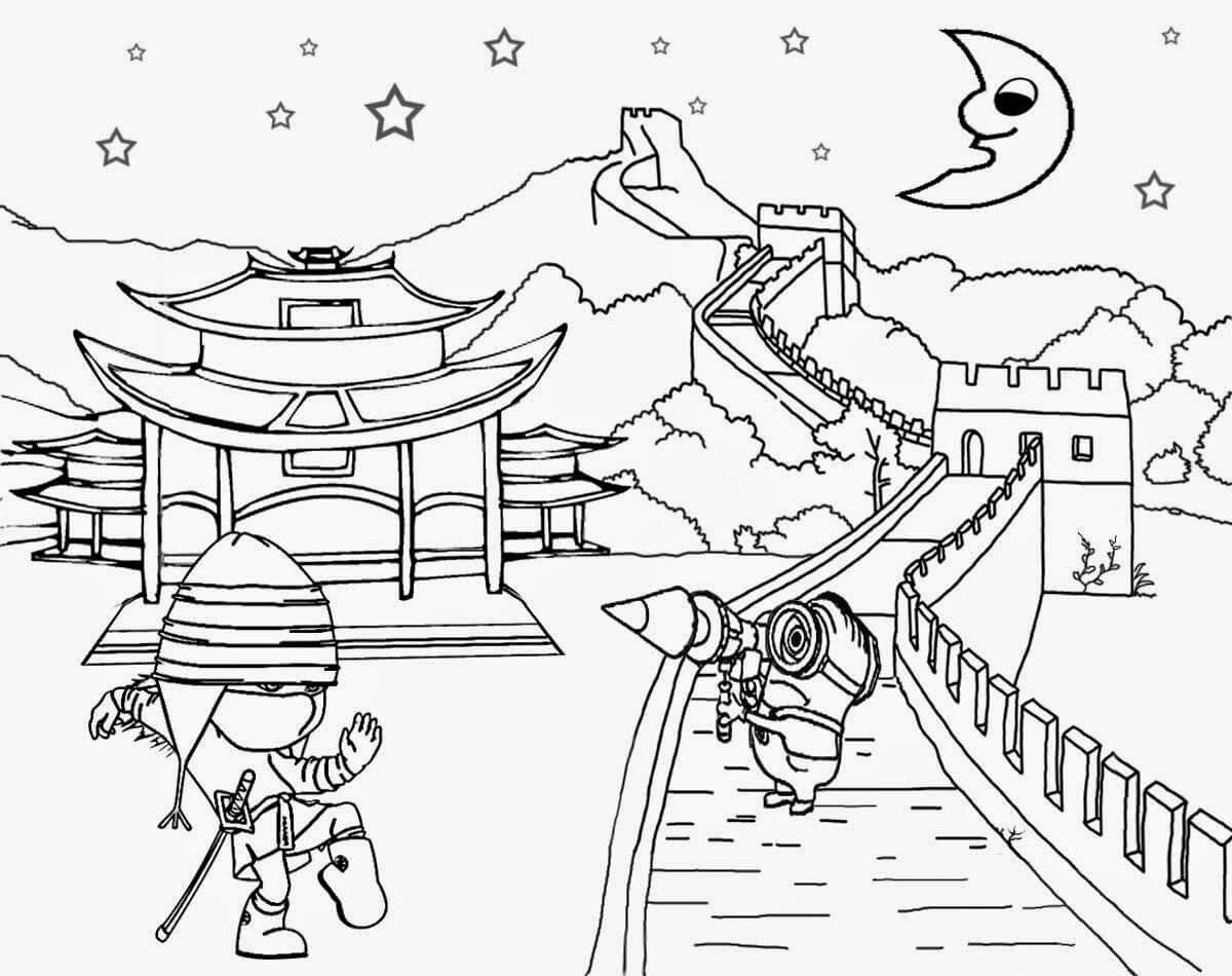 Dibujo de Minion en Gran Muralla para Colorear