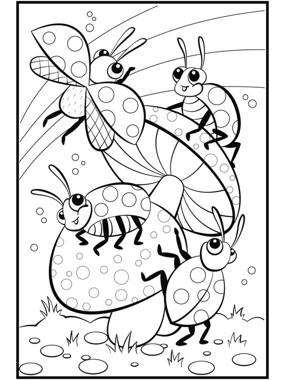 Dibujo de Cuatro Mariquitas con Champinones para Colorear