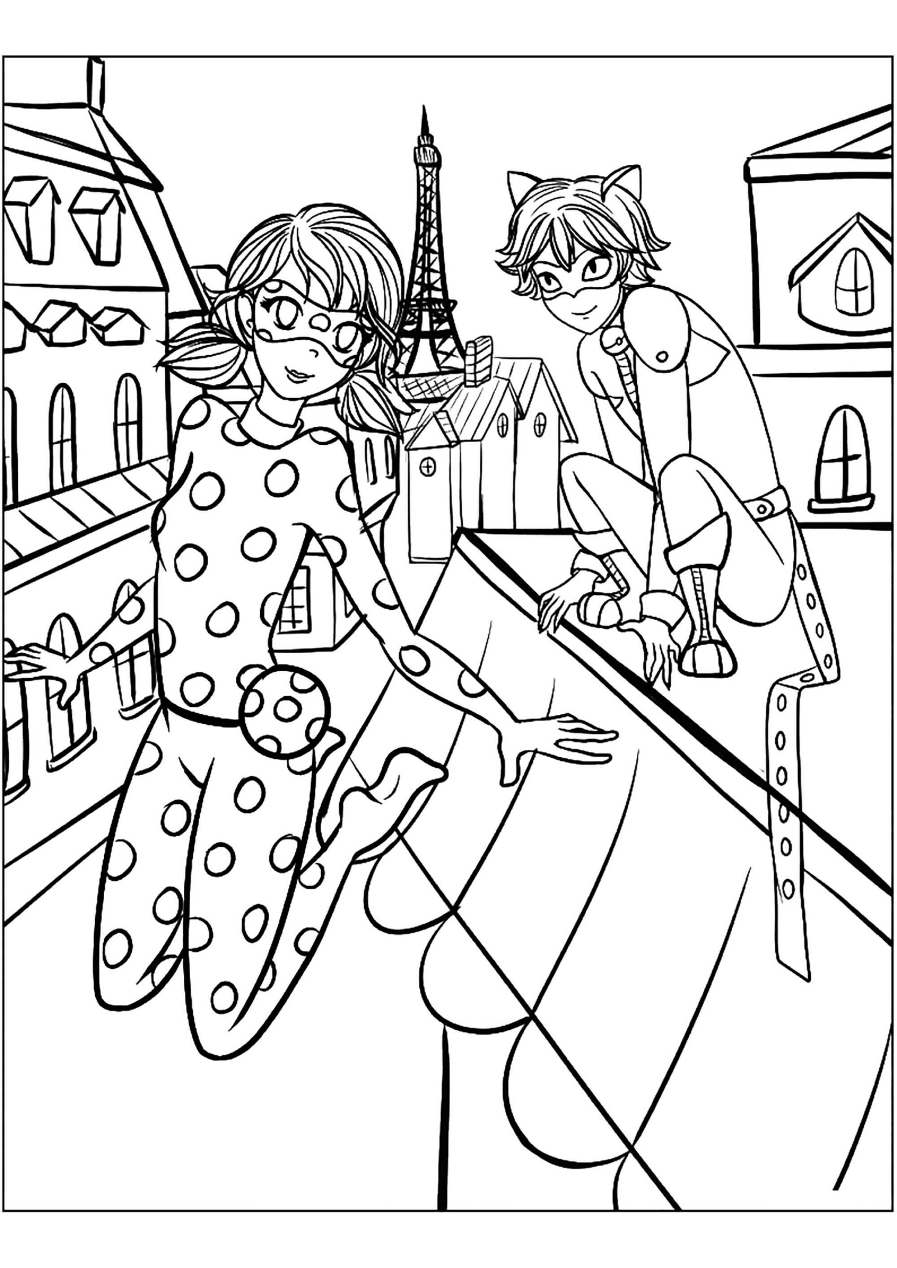 Dibujo de Mariquita y Gato Negro para Colorear