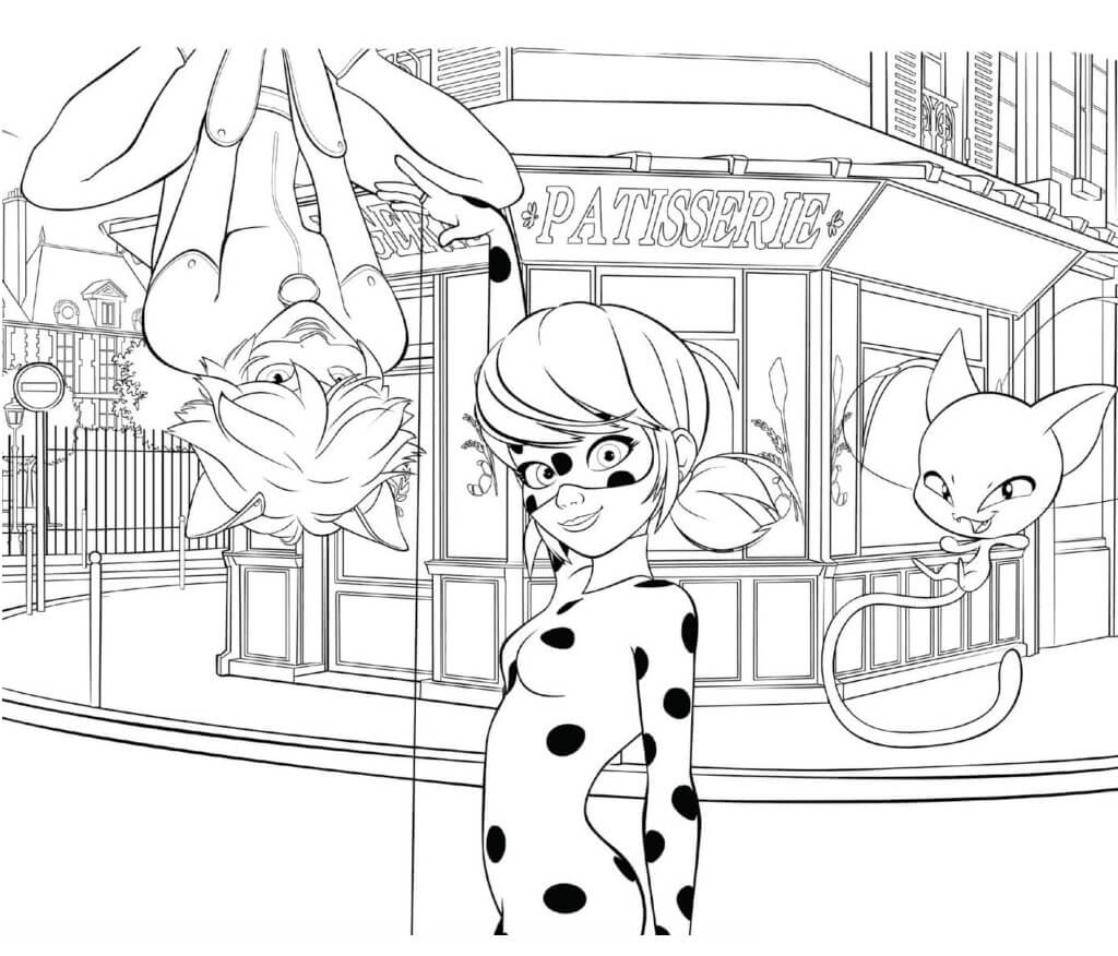 Dibujo de Las Calles de Paris Estan Custodiadas por Mariquita y Gato Negro para Colorear
