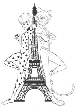 Dibujo de Mariquita y Gato Negro con Torre Effen para Colorear