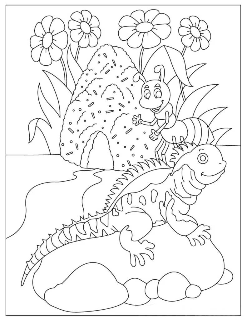Dibujo de Abeja en Lagarto Lindo para Colorear