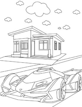 Dibujo de Lamborghini y Casa para Colorear