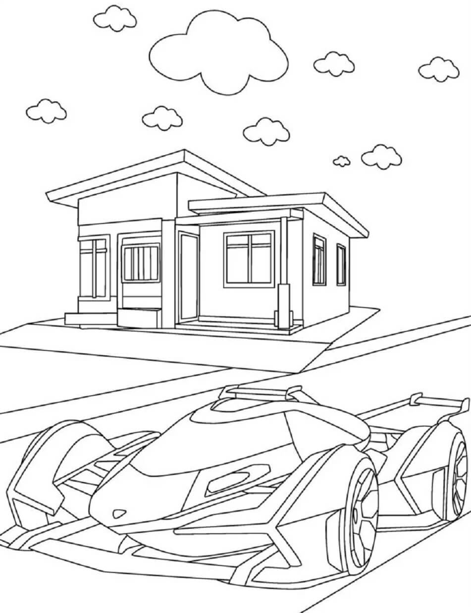Dibujo de Lamborghini y Casa para Colorear