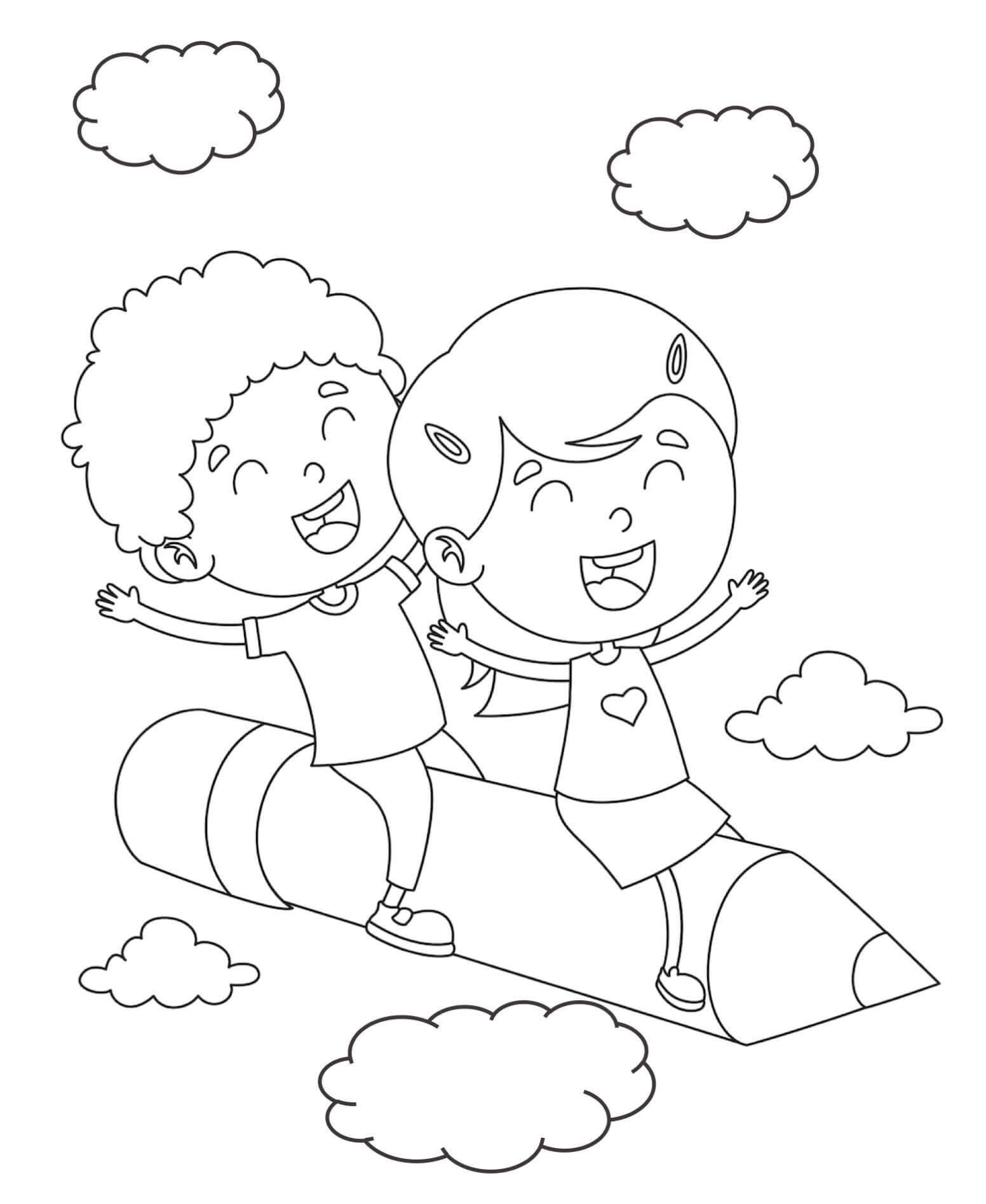 Dibujo de Dos niños Montando lápiz para Colorear