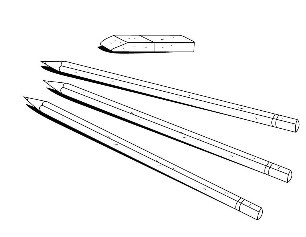Dibujo de Tres lápices y Borrador para Colorear