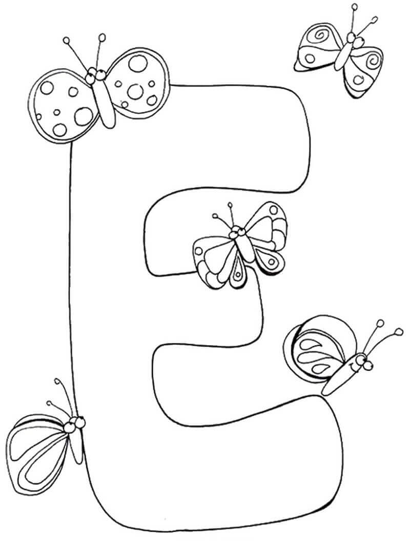 Dibujo de Letra e y Mariposa para Colorear