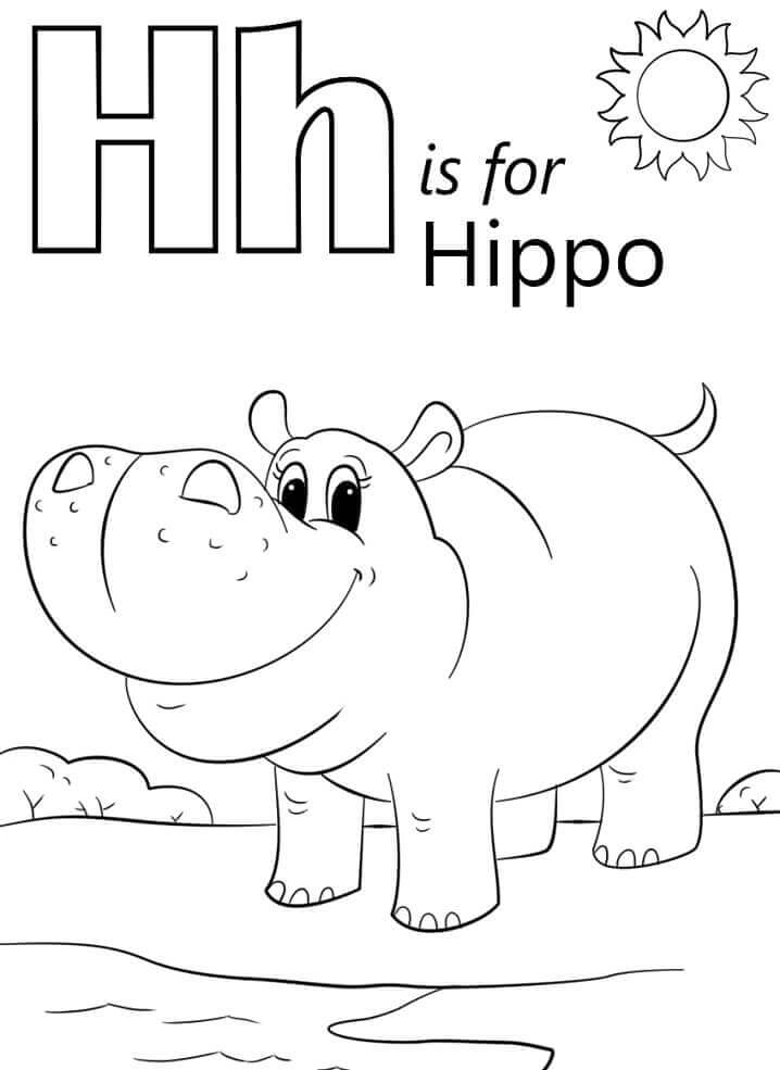 Dibujo de Hipopótamo Sonriendo Letra H para Colorear