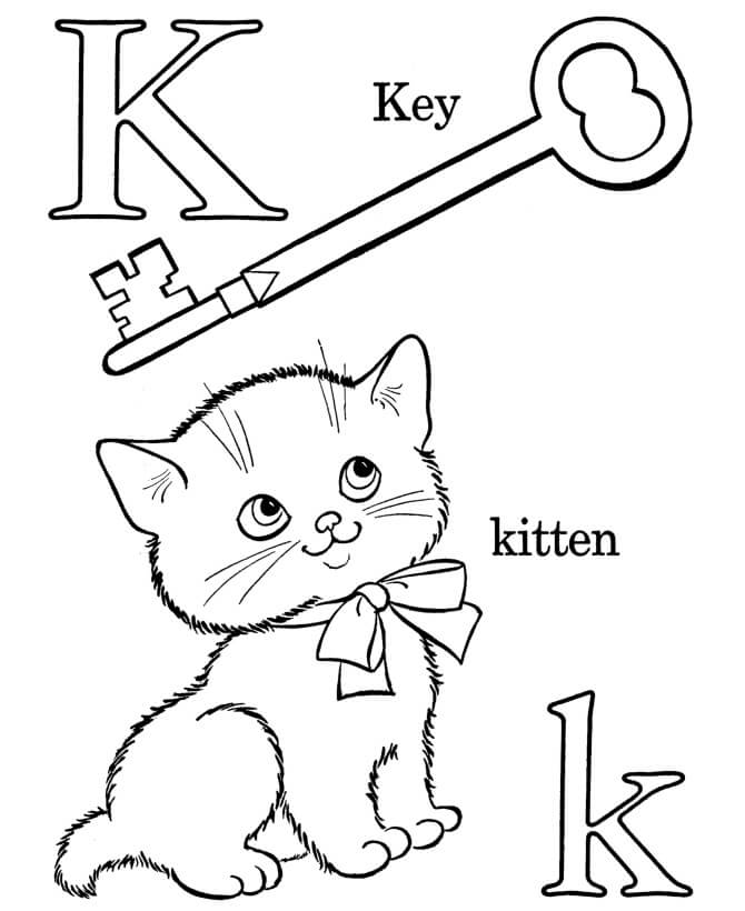 Dibujo de Alfabeto K y Gatito Clave para Colorear