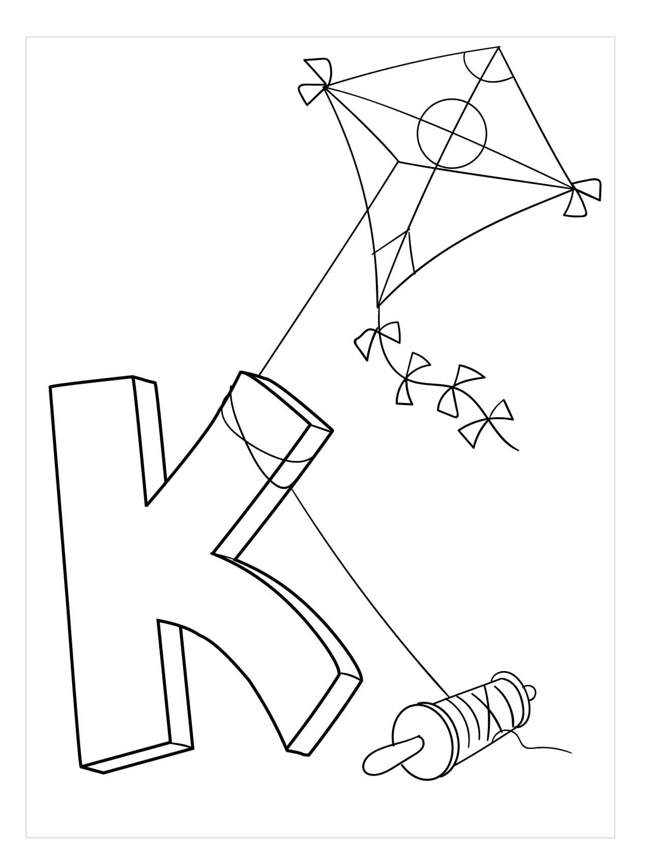 Dibujo de Letra K con Cometa para Colorear