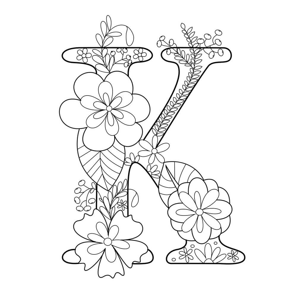 Dibujo de Letra K con Flor para Colorear
