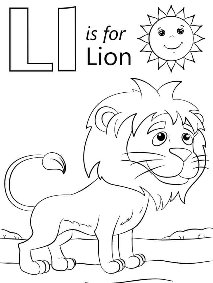 Dibujo de León Letra L con Sol para Colorear