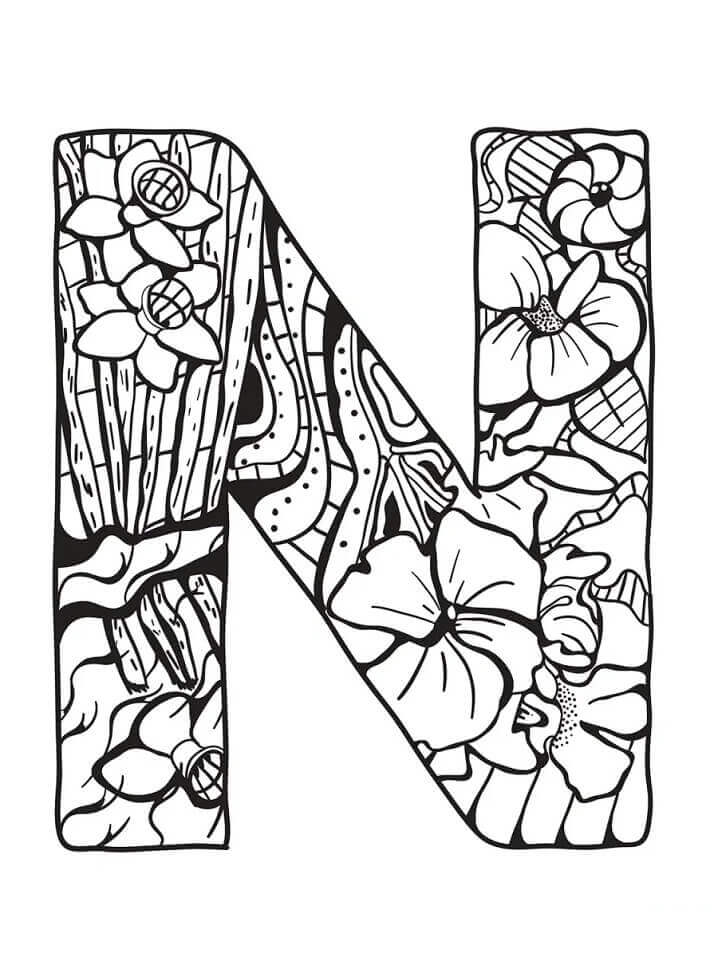 Dibujo de Letra N Flor para Colorear