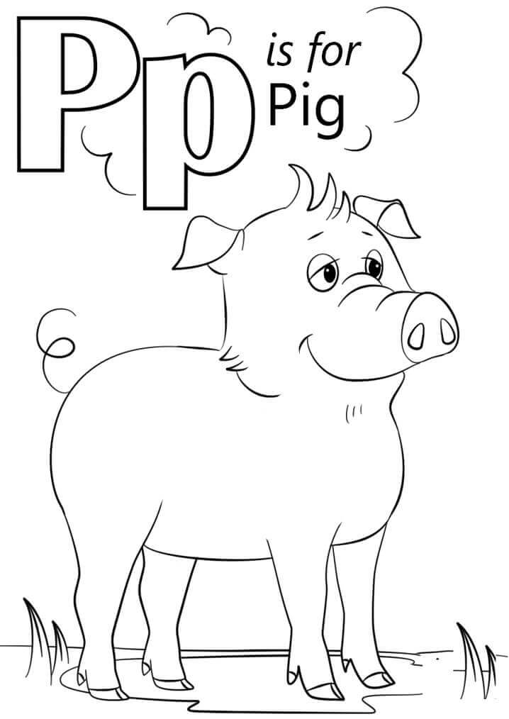 Dibujo de Cerdo Sonriente Letra P para Colorear