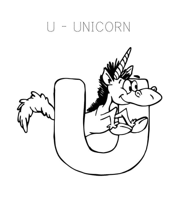 Dibujo de Unicornio Linda Letra U para Colorear