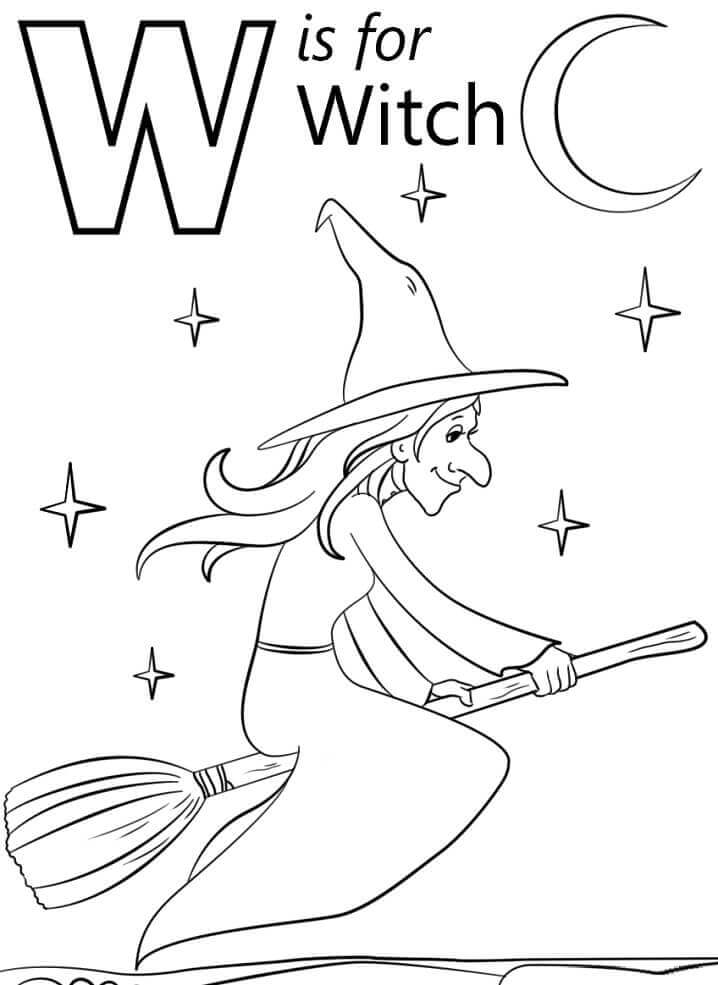 Dibujo de Bruja Letra W para Colorear