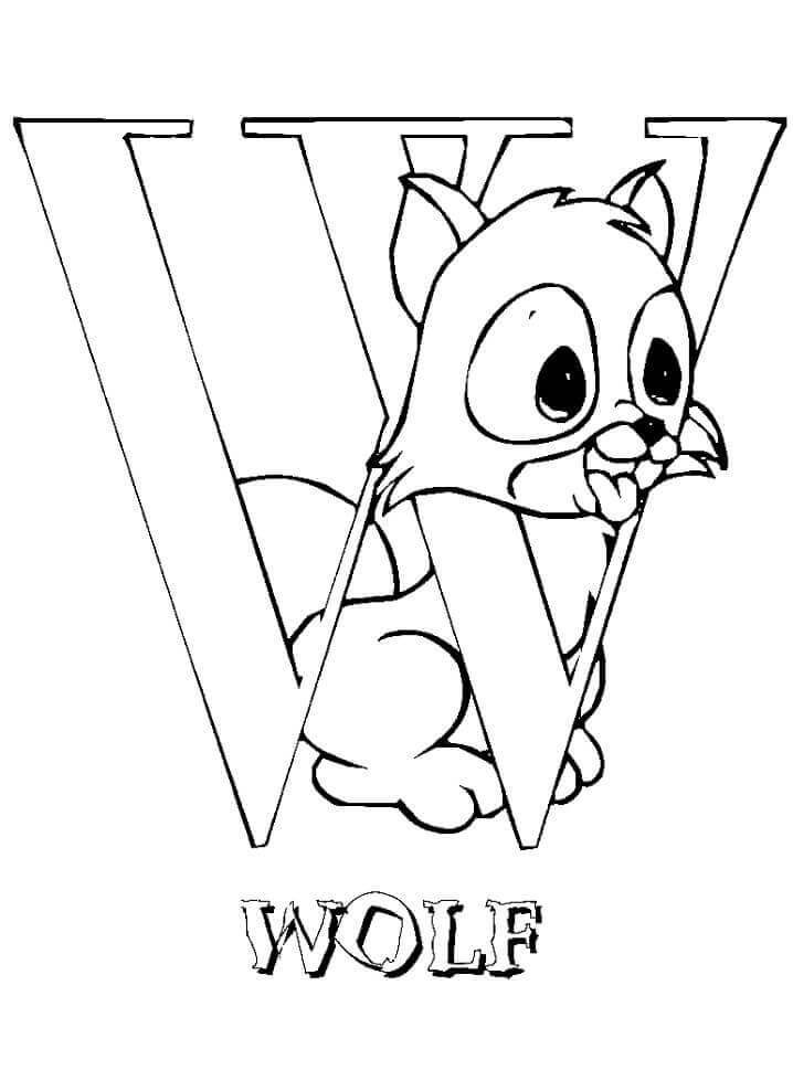 Dibujo de Letra W de Lobo para Colorear