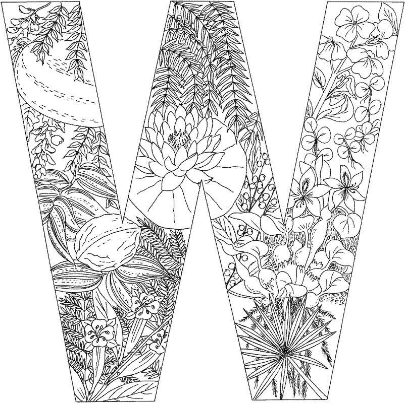 Dibujo de Letra W Flor para Colorear