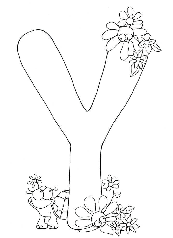 Dibujo de Letra y con Tortuga y Flor para Colorear