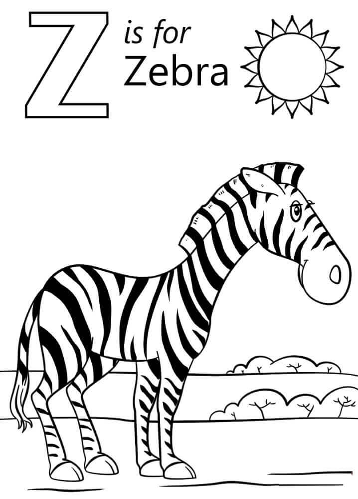 Dibujo de Cebra Letra Z con Sol para Colorear