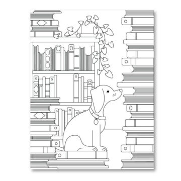 Dibujo de Perro Sentado y Libro para Colorear