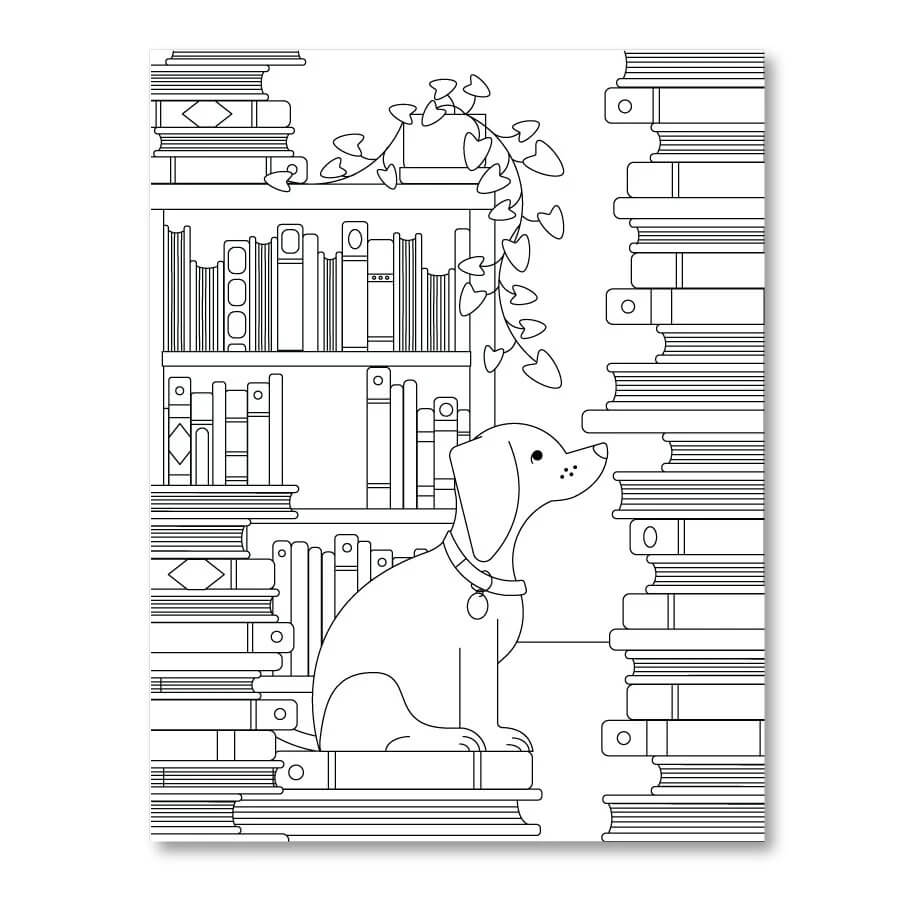 Dibujo de Perro Sentado y Libro para Colorear